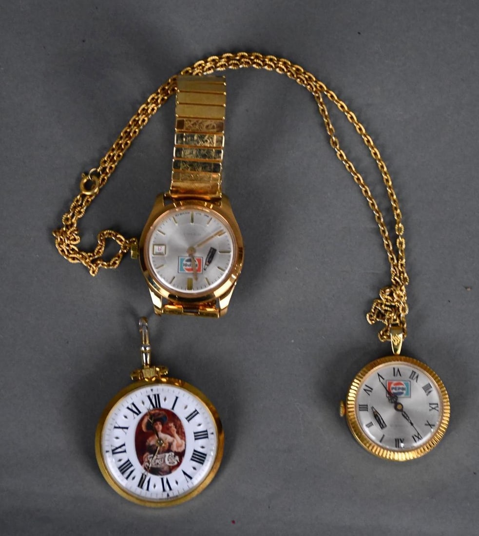 3-Different Pepsi-Cola Watches: all in good condition, wrist, necklace & pocket watches.