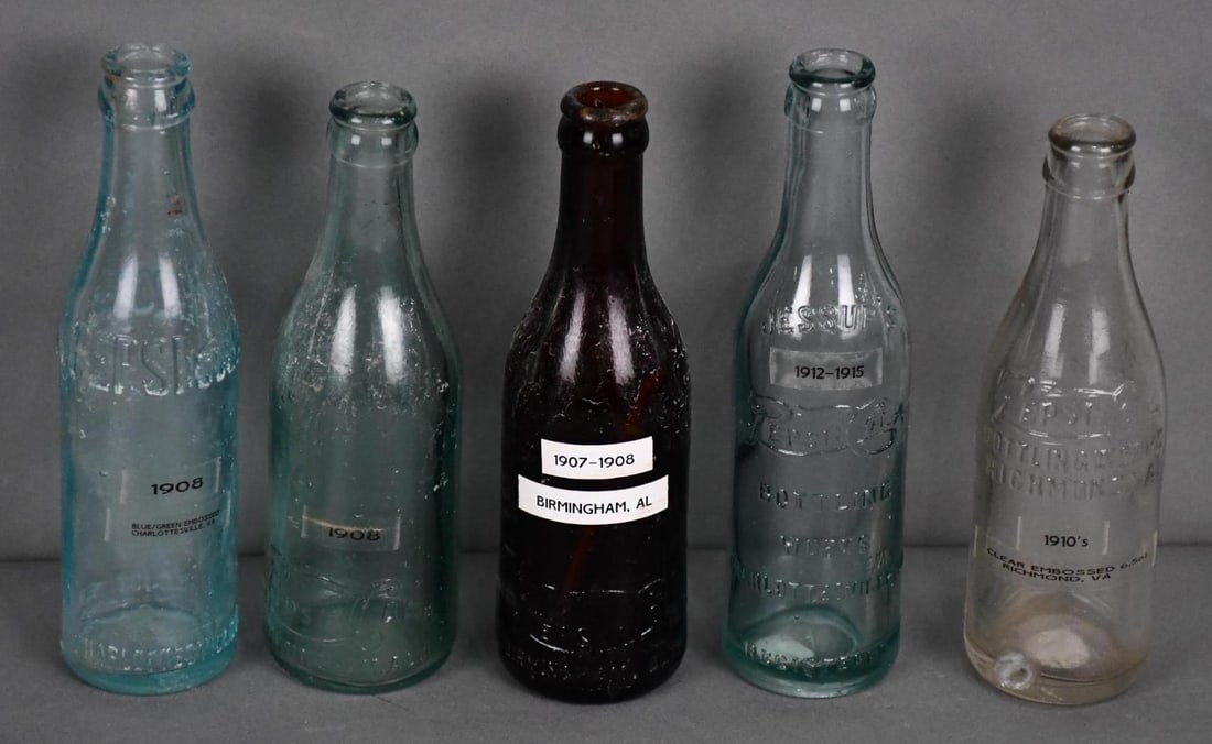 5-Embossed Pepsi=Cola Bottles: 1908 Birmingham, Ala. light green, 8"T., 1908 Charlottesville, Va. aqua, 8.25, 1907-08 Birmingham, Al. amber, 8"T. 1912-15 light green, 8.25"T., 1910's Richmond Va., clear, 7.5"