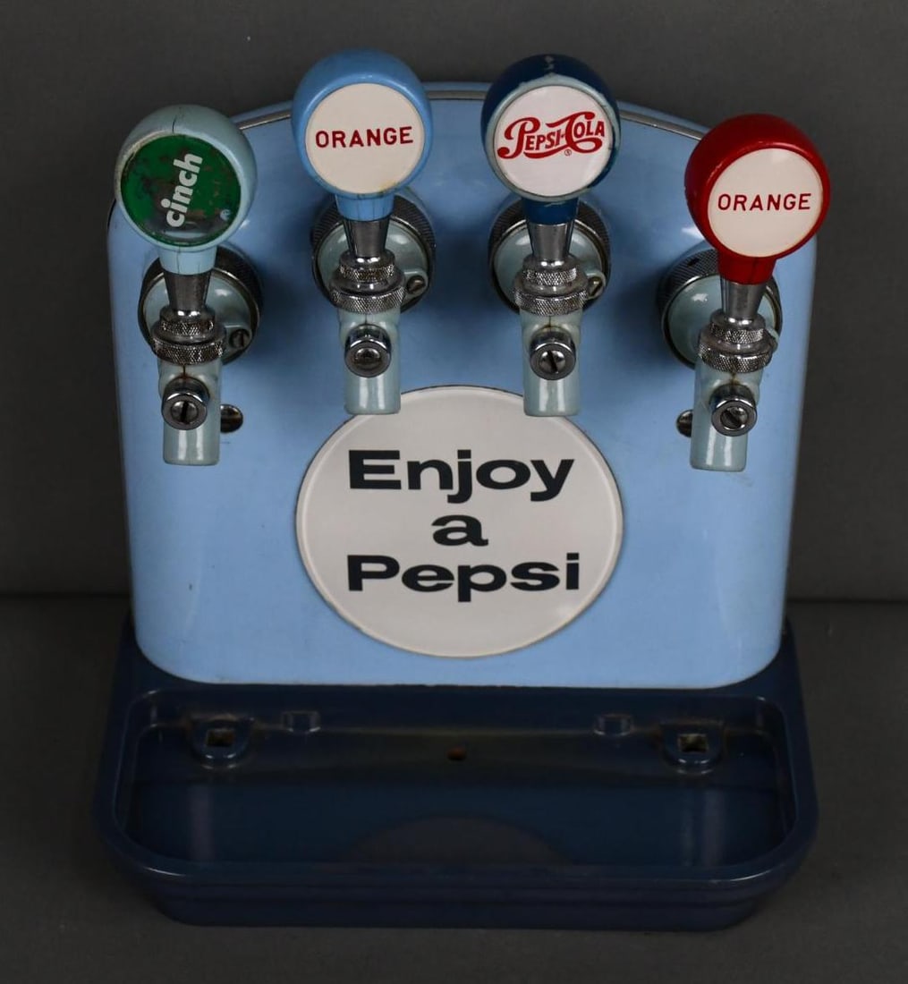 Pepsi-Cola 4-Spigot Fountain Dispenser: in good condition, 14"x11"x8", front is in good condition, has Pepsi, Orange & Canada Dry Punch tappers.