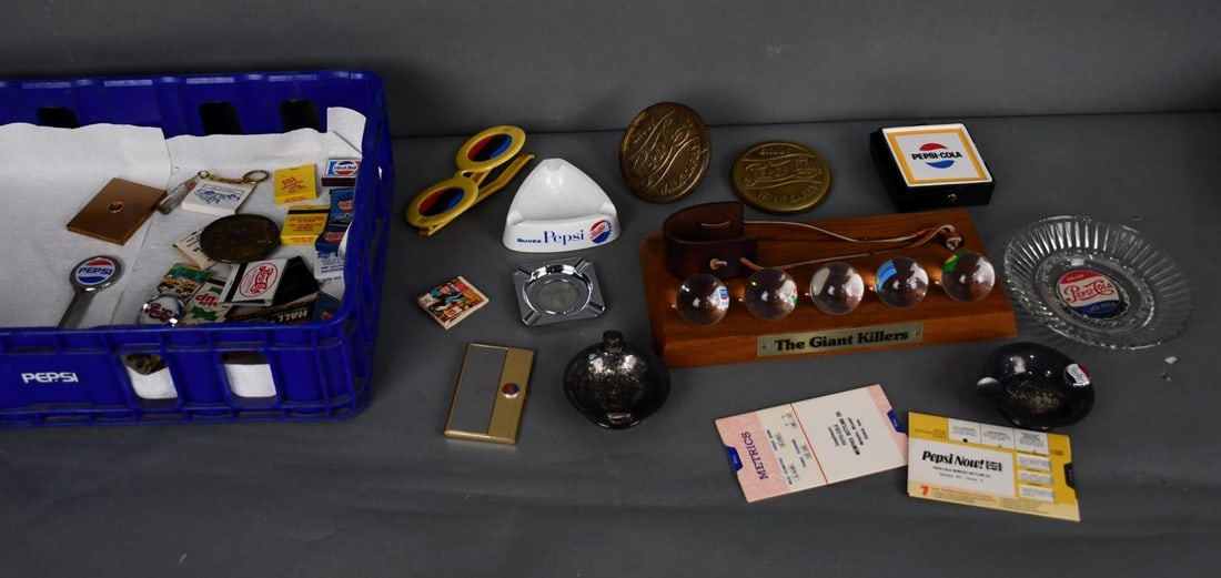 Box Lot of Pepsi Items Ashtrays, "The Giant Killers", Matchbooks, Sunglass (1 of 9)