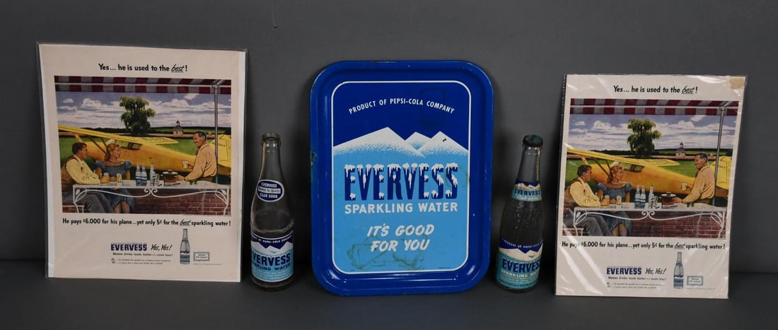 Evervess Sparkling Water Metal Tray, Ads & Bottles Product of Pepsi-Cola: metal tray has minor staining, one bottle is full