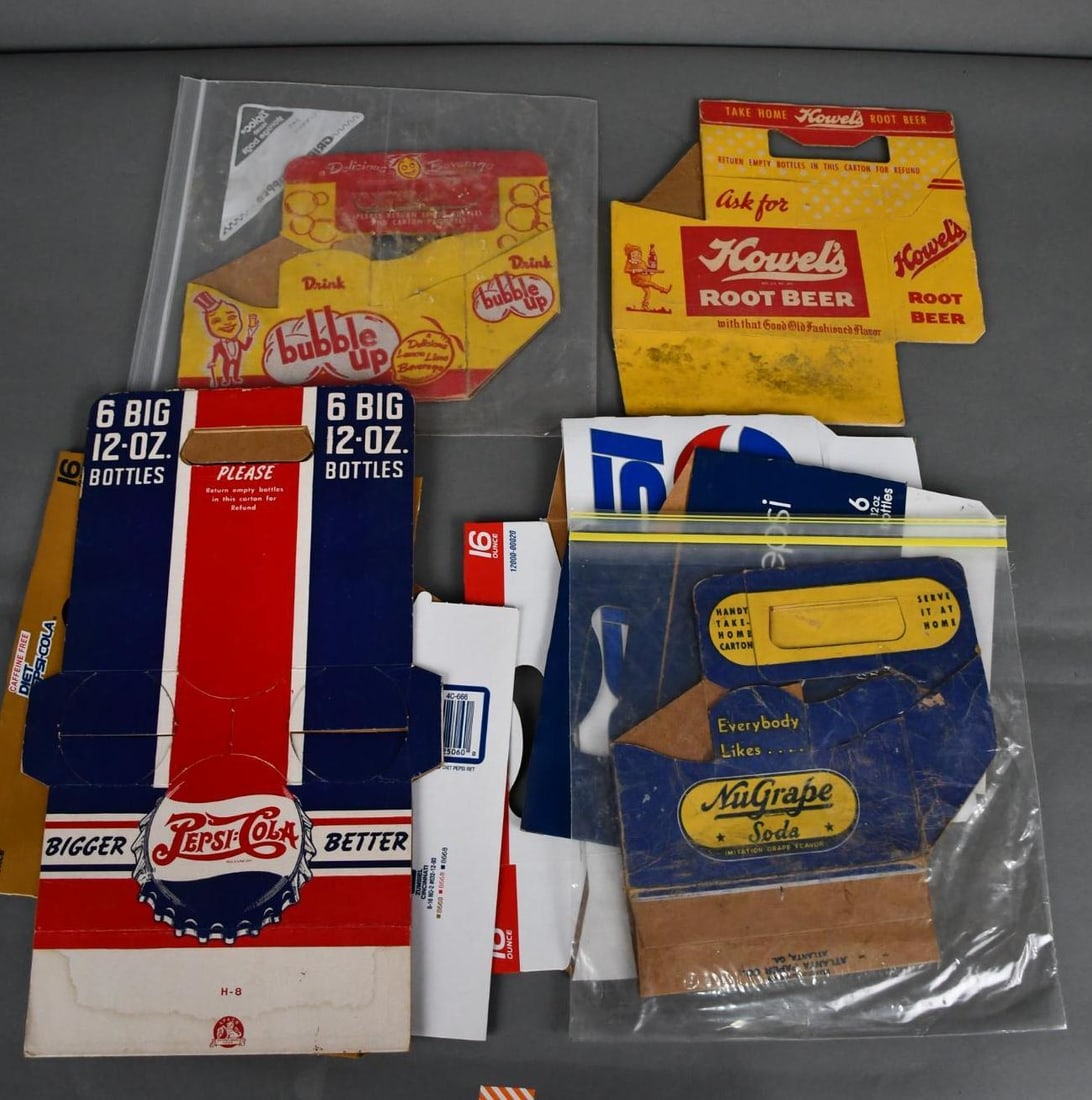 7-Pepsi-Cola & Other Cardboard Six Pack Holders: rated 5 to 8, all different condition, there are Pepsi, Bubble Up, Howel's & NuGrape.