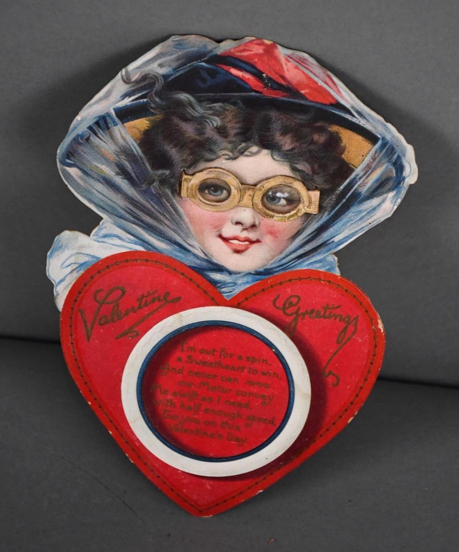 Valentine Greetings Card w/Lady in Driving Gear Including Goggles: rated 8, 8"x6", has good color, some wear, Bob add a board on back for mounting.