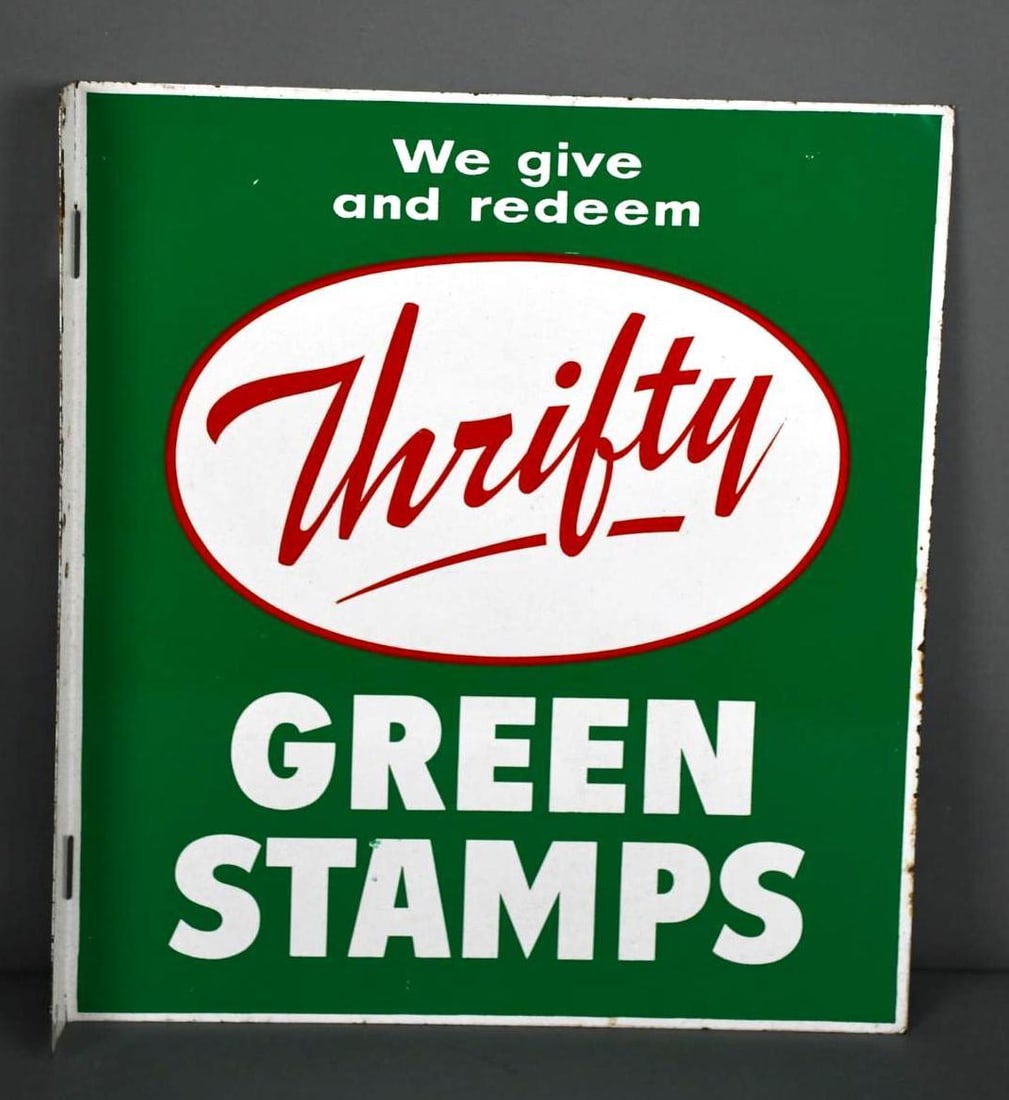 Thrifty Green Stamps Metal Flange Sign: rated 8.75, 16"x16", has excellent color and shine light wear.