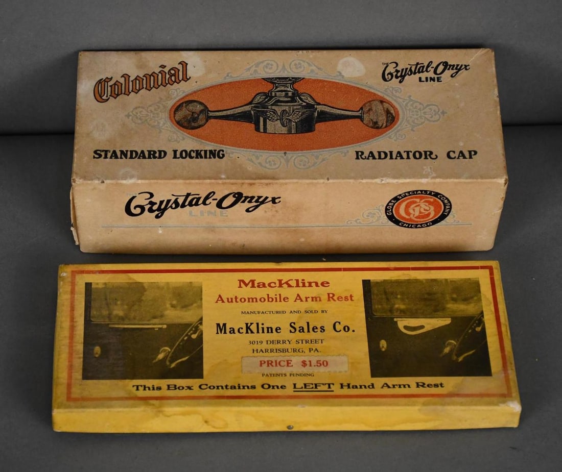 Colonial Radiator Cap & Mackline Auto Arm Rest Boxes: both have light wear, 9"L.,