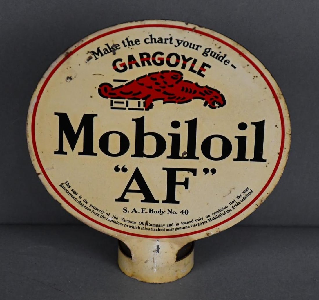 Mobiloil w/Gargoyle "AF" Metal Lubster Paddle Sign: rated 7.5, 8"x7", DST paddle sign is slightly yellowed and has wear.