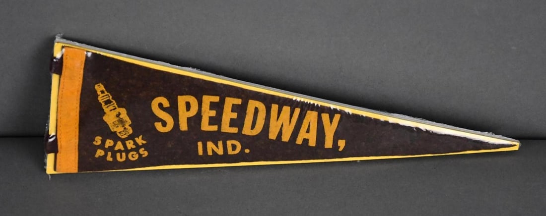 Miniature Speedway, Ind. Spark Plug Felt Pennant: rated 93.25"x11", the felt pennant is in good condition, some wear.