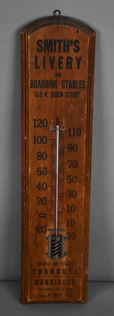 Smith's Livery & Boarding Stables Wood Thermometer: rated 7, 24"x4.5", wood thermometer, tube is good, is weathered.
