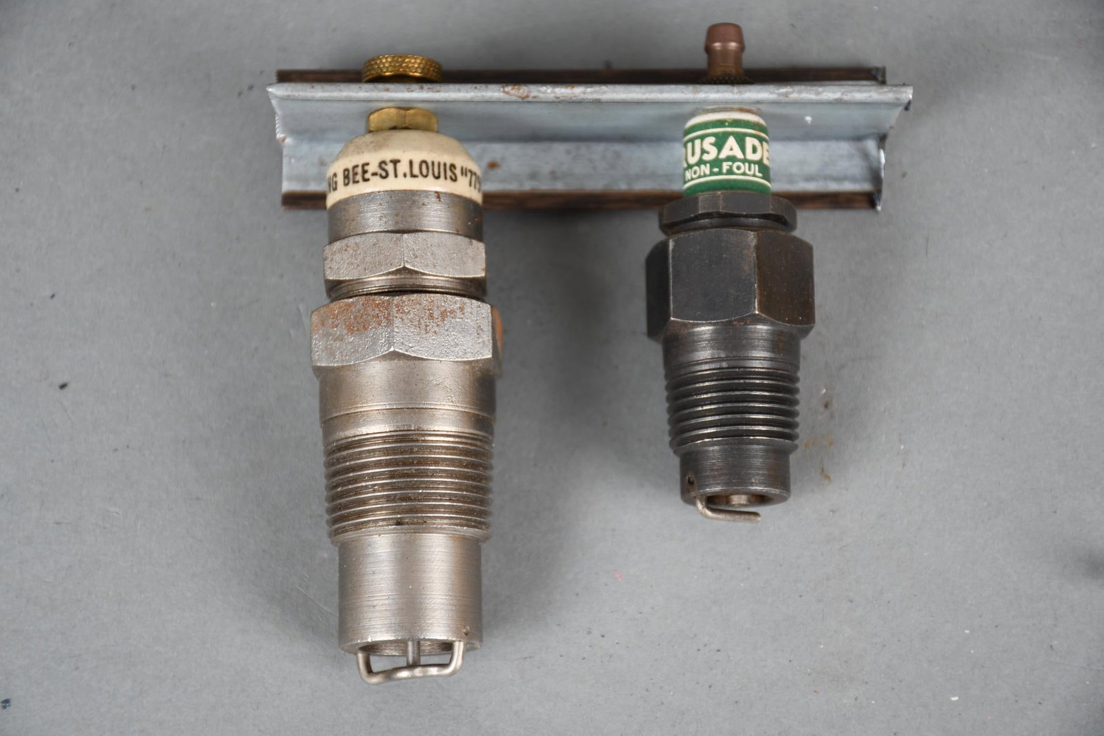 2-Spark Plugs King Bee-St. Louis, Crusader (paper label): 4"T. or less