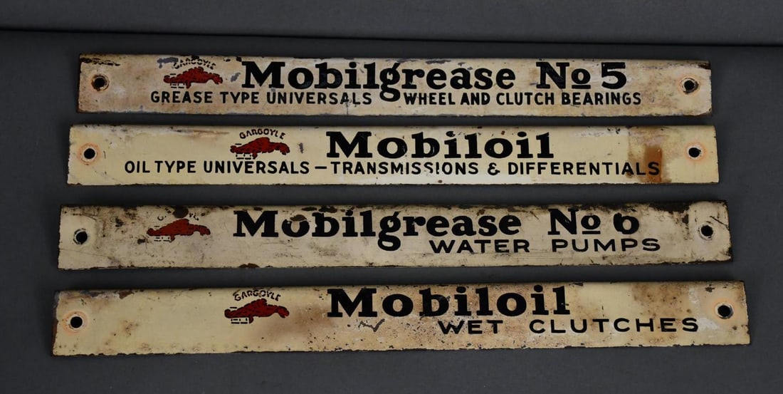 4-Mobiloil & Mobilgrease Metal Sign off of Rack: rated 7, 1.5"x15", all have wear, scratches and light staining.