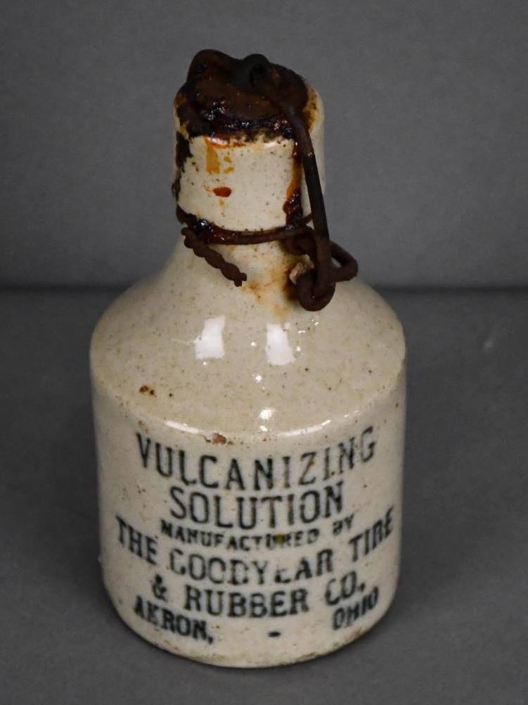 Goodyear Vulcanizing Solution Stoneware Bottle w/Spotter: rated 9, 5"T., in good condition, is empty.