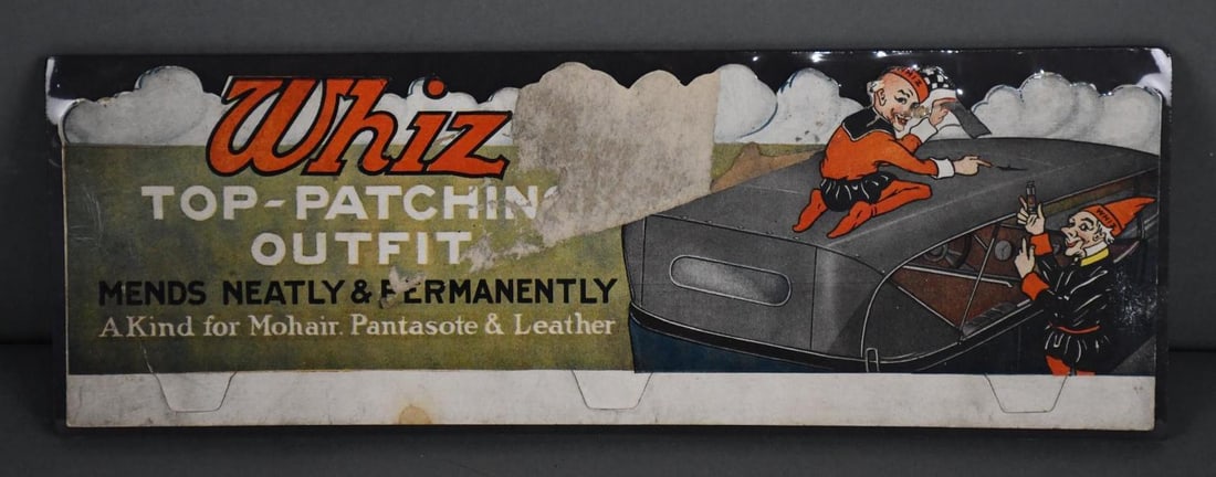 Whiz Top-Patching Outfit Cardboard Box Topper Sign: rated 6.5, 5"x14", the cardboard display has damage to the center of the field, has been shrink wrapped on board.