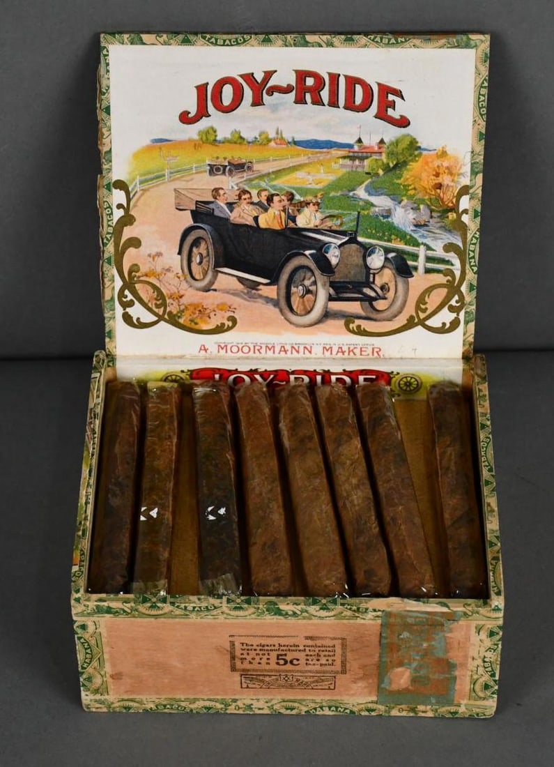 Joy-Ride Cigar Box: rated 7.5, 7"x6"x3", has light wear, is full of generic cigars