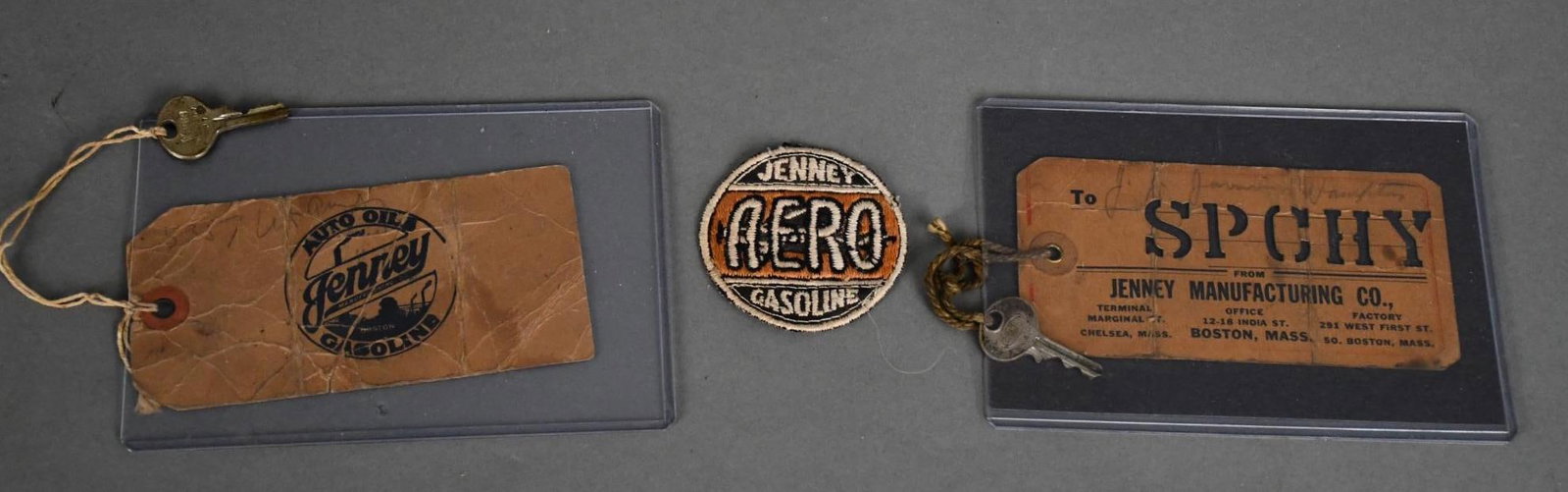 3-Jenny Petroleum Items: 2-cardboard tags soiled and Jenny Aero patch.