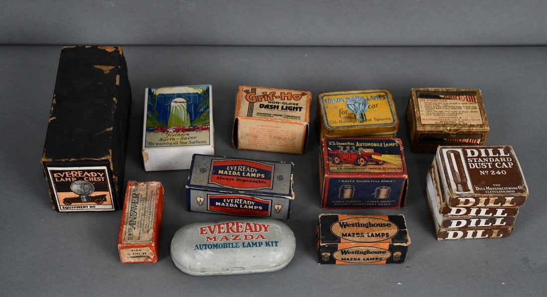 14-Auto Bulb & Dust Cap Metal & Cardboard Boxes: all different condition, 8"x3"x3" or less in size