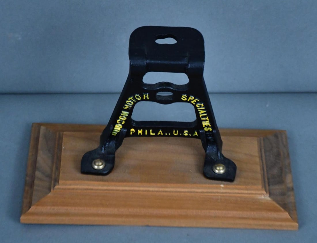 Hudson Motor Specialties Crank Case Repair Arms Display: in good condition, 6"x6", has been mounted on wood base.