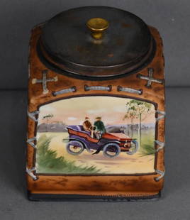 Nippon Humidor w/Early Automotive Scene: rated 9, the humidor is in good condition, with very minor wear, does not have it's original lid, has the "Hand Painted Nippon w/weath" on bottom.