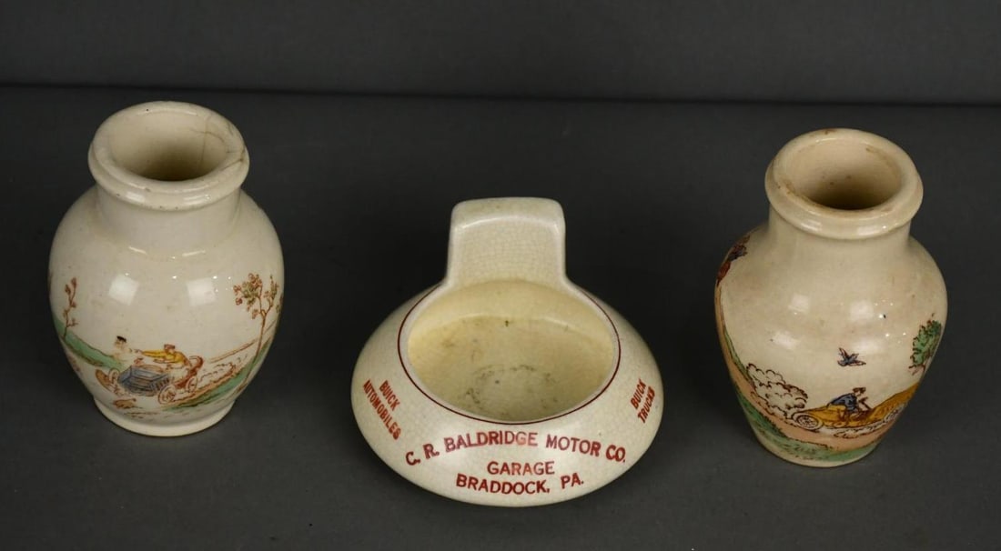 Baldridge Garage Ashtray & 2-Mustard Pots: mustard pot has damage.