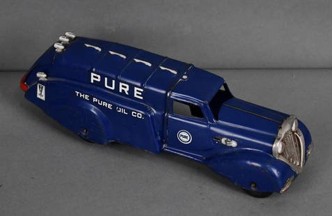 Steelcraft Art Deco Style Press Steel Pure Oil Co. Delivery Truck: rated 8.5, 15&#34;L, the press steel delivery truck has good color and shine has overall even wear with tiny paint chips, looks to have all of it&#39;s pieces, is a nice example.