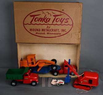 1955 Tonka Road Builder Set #775-4 w/Box: Dump Truck & Shovel are rated 9.25, with very minor wear, the Low Boy & Road Grader are rated 9, with a little more wear, box is rated 6 with seam and top damage, does not have it's origin