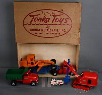 1955 Tonka Road Builder Set #775-4 w/Box: Dump Truck & Shovel are rated 9.25, with very minor wear, the Low Boy & Road Grader are rated 9, with a little more wear, box is rated 6 with seam and top damage, does not have it's