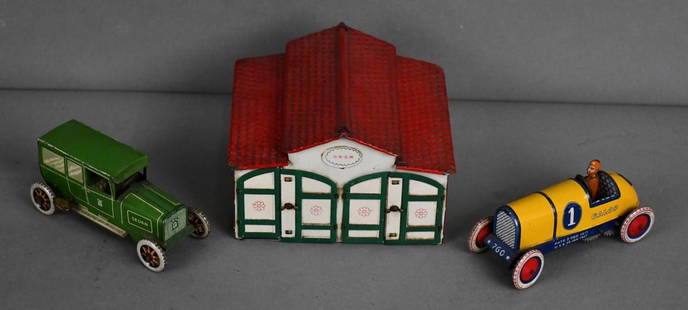 Lehmenn Garage Set w/Sedan & #1 Race Car Tin: cars are 6"L., garage is 4.5"x7"x7", both toy are in excellent condition with very minor wear, both motor work, Garage has light wear and minor dust staining.