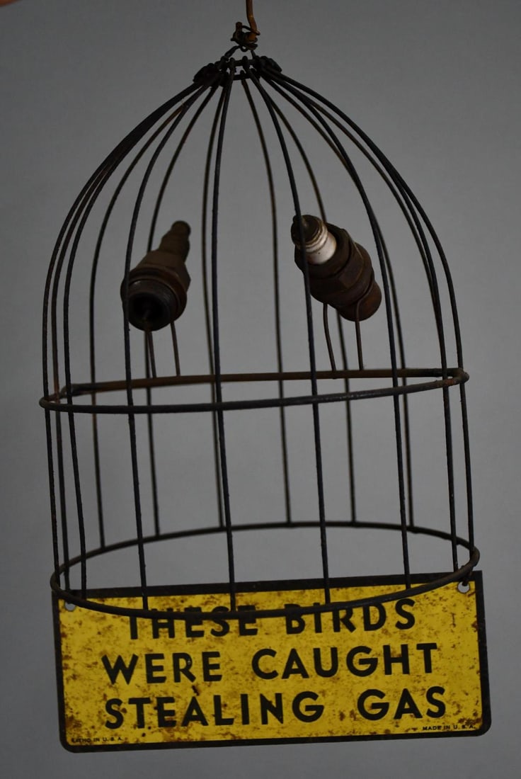 (AC Spark Plugs) "These Birds Were Caught Stealing Gas" Metal Cage & Sign (1 of 4)
