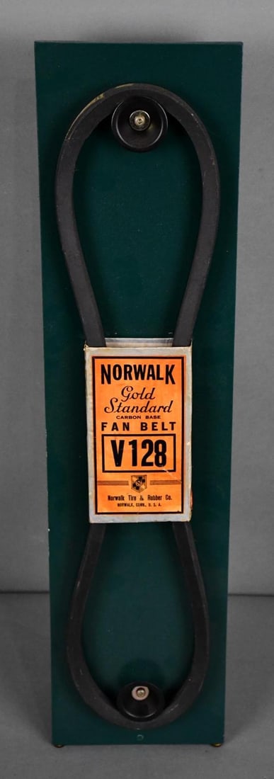 Norwalk Fan Belt Mounted: rated 8.75, 24"x7", the original Norwalk fan belt and holder, Bob mounted on a new wood display.