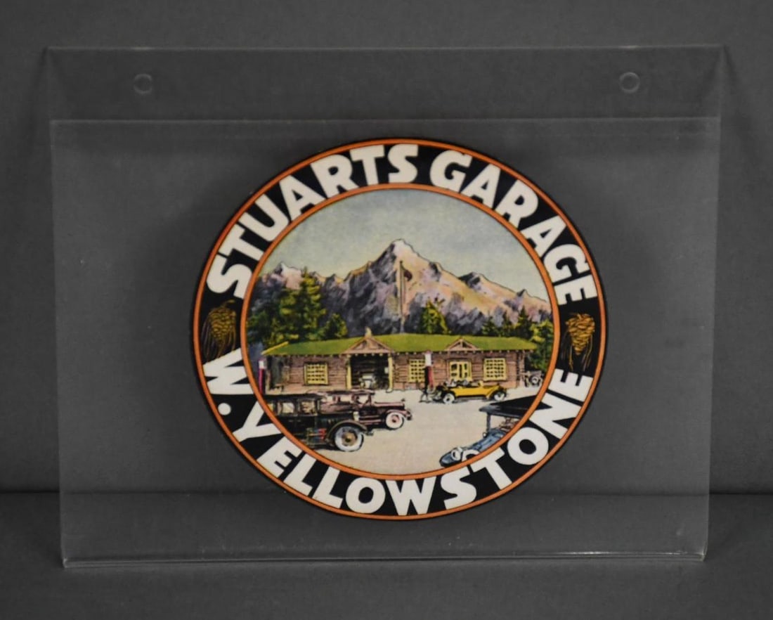 Stuart Garage W. Yellowstone w/Image Decal: 4.5"D., in good condition