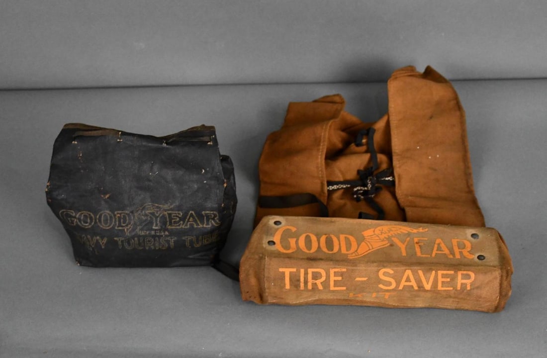 Goodyear w/Winded Foot Logo Tire-Save Canvas Kit & Tube Bag: in good condition, has no tools in it, the tube bag has no tube in it