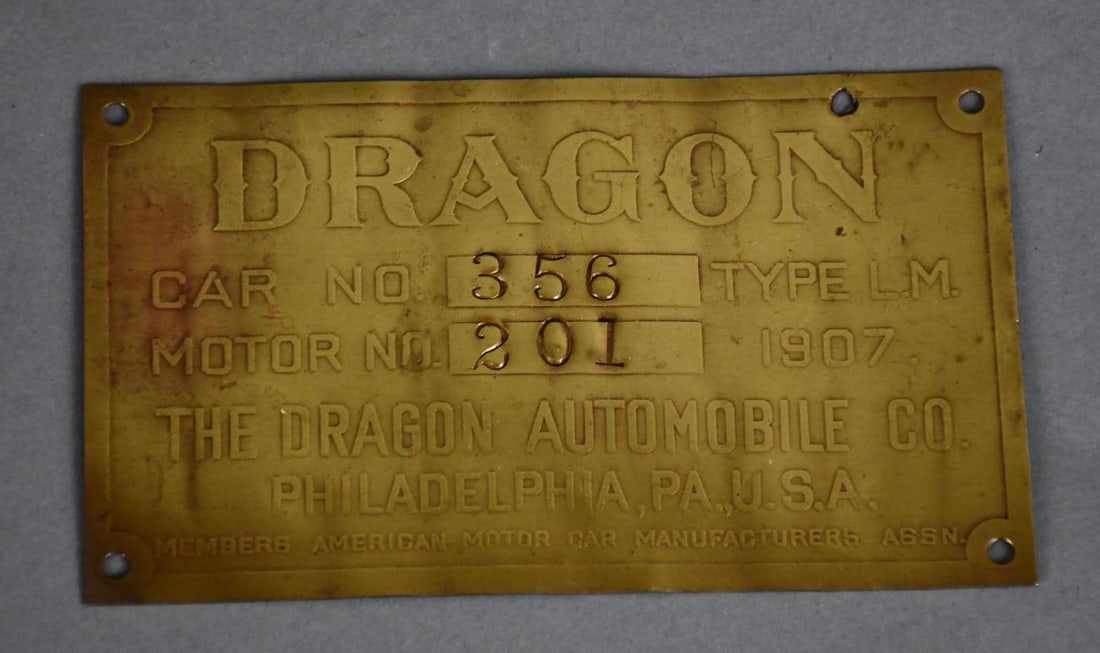 Dragon Brass Id Tag The Dragon Automobile Co. Philadelphia, Pa: in good condition, has been polished, 3"x5", stamped Car #356, motor #201.