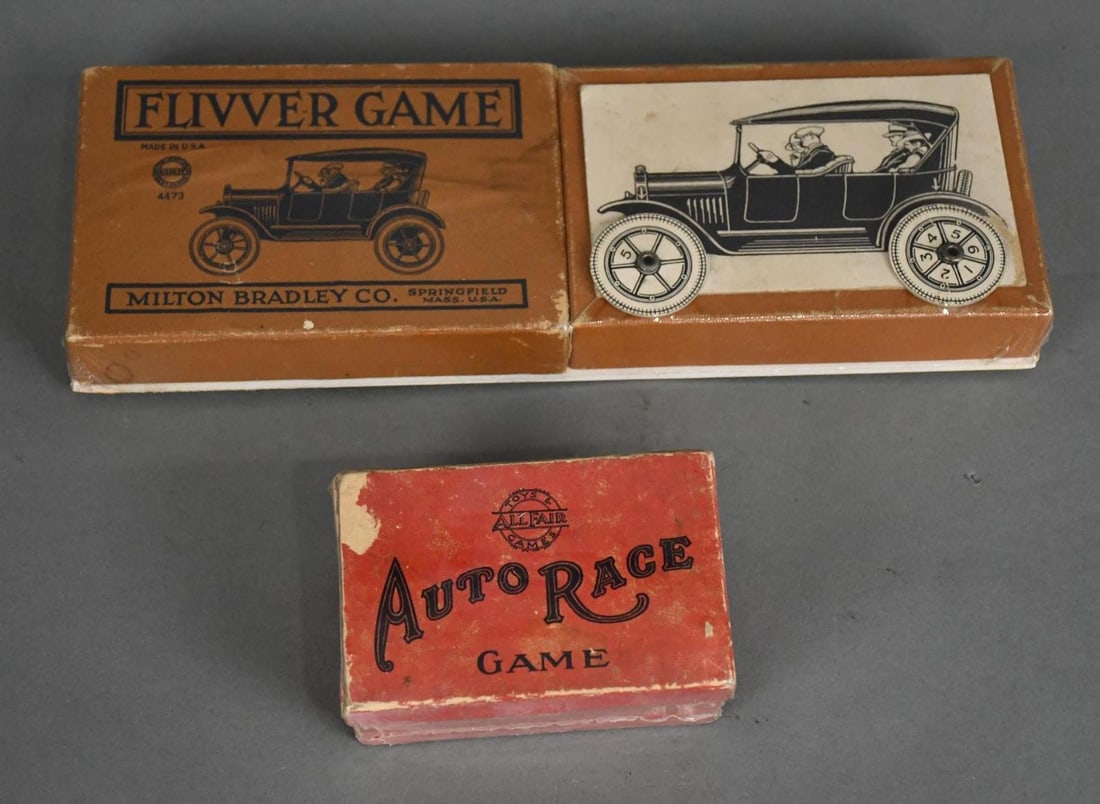 Milton-Bradley "Flivver Game" & Other: rated 8, 4.5"x12.5", has some wear, has been shrink wrapped for display
