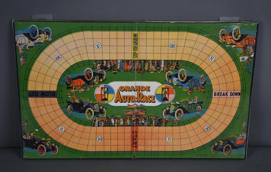 Grande Auto-Race Cardboard Game Board: rated 8, 15"x24", has some fading, minor wear at the seam, has been shrink wrapped for display.