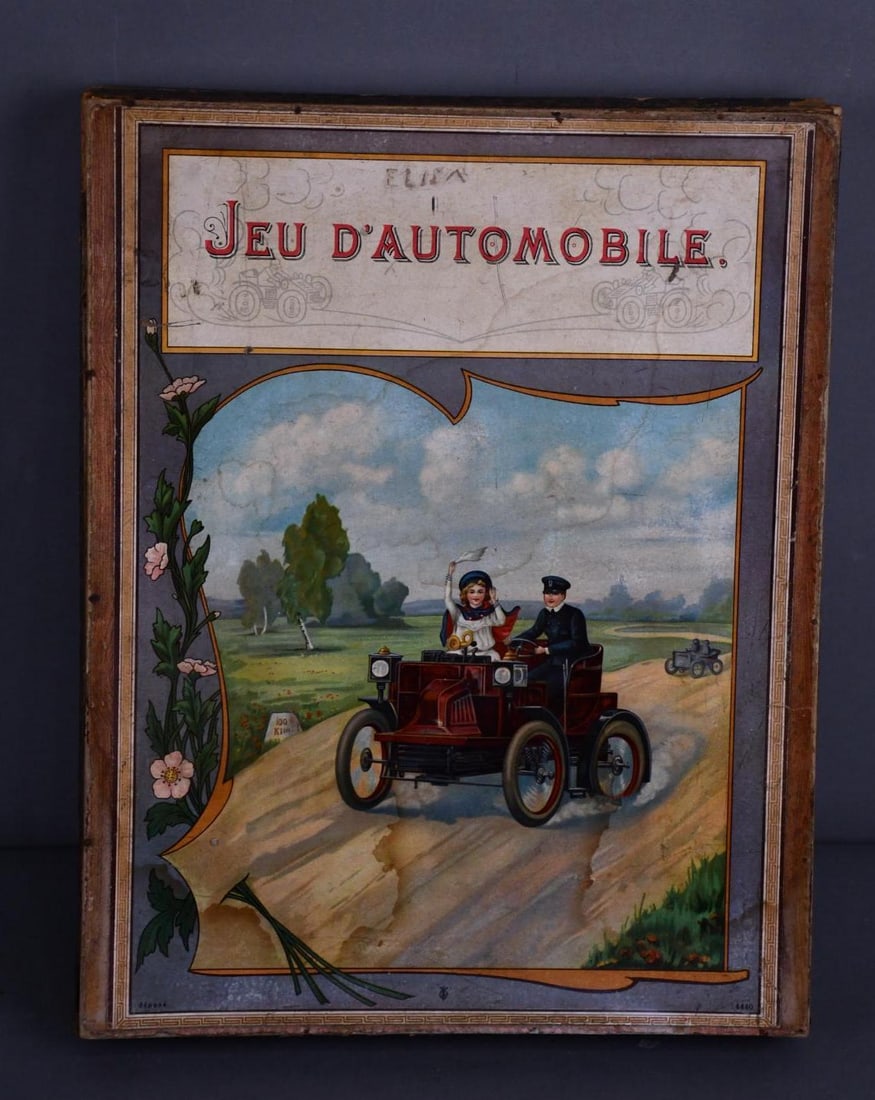 Jeu D'Automobile Board Race Game: rated 7.5, 16"x12"x2", the cover has good color, has water staining in the lower field, inside has board and game piece.
