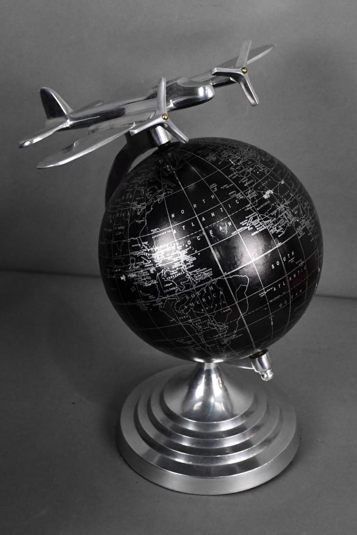 Art Deco Style Globe on Base w/Twin-Motor Airplane Above (1 of 4)