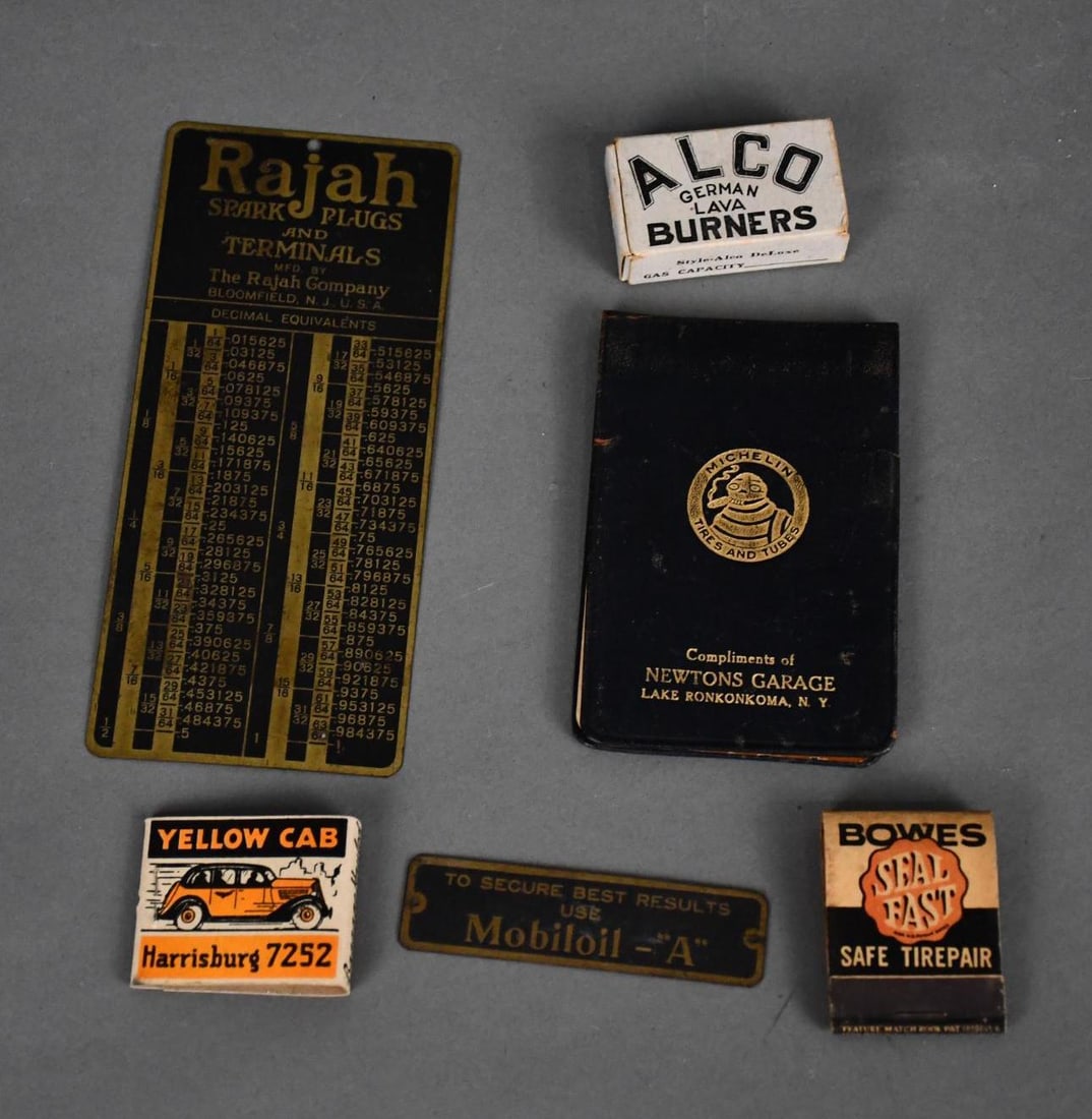 Rajah Spark Plug Decimal Chart, Mobiloil Brass Signs & More: yellow cab & Bowes matchbooks, Michelin note book.