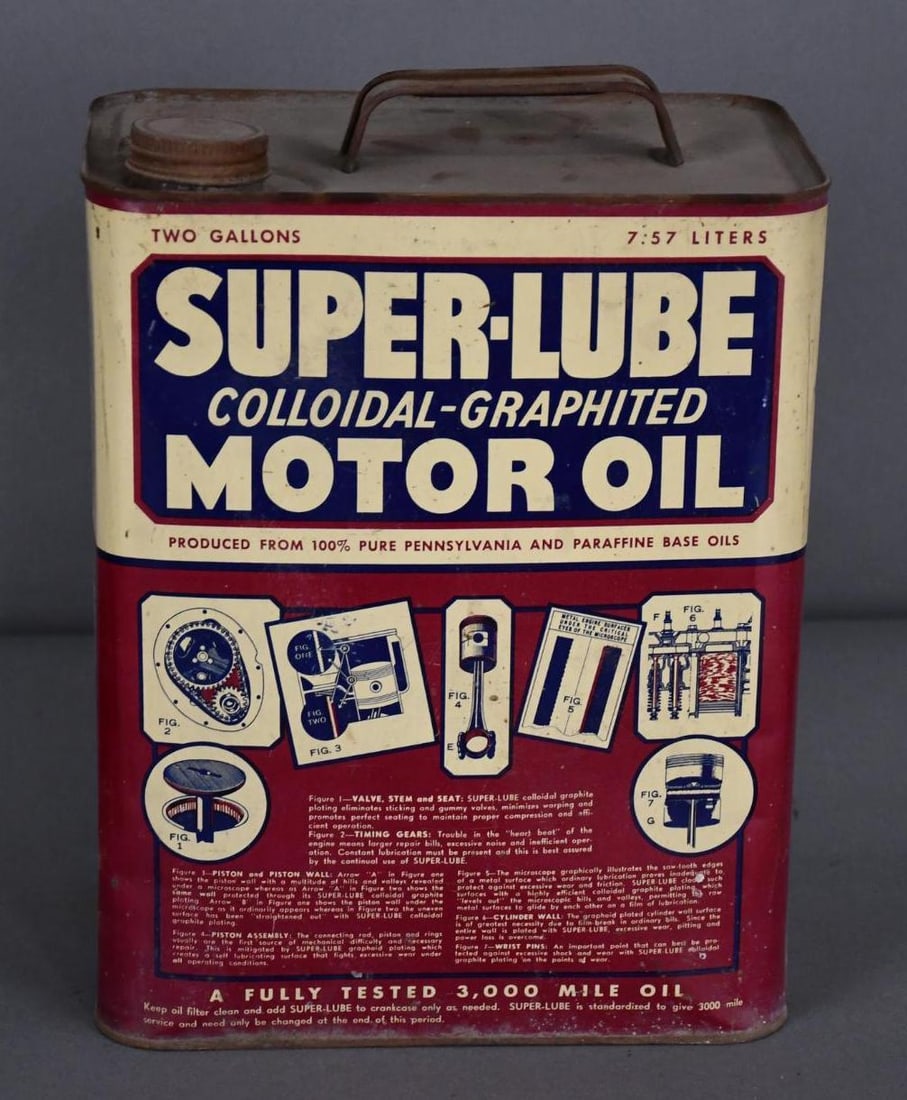 Super-Lube Colloidal-Graphited Motor Oil Two-Gallon Metal Can: rated 7.5, the two-gallon rectangle metal can, has wear and minor soiling, is empty.