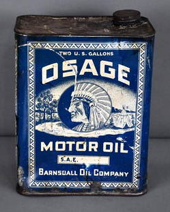 Osage Motor Oil Barnsdall Two-Gallon Metal Can: rated 7, the two-gallon rectangle metal can has wear, fine scratches and dents, is empty. It is missing it's handle, both sides are pushed in slightly.