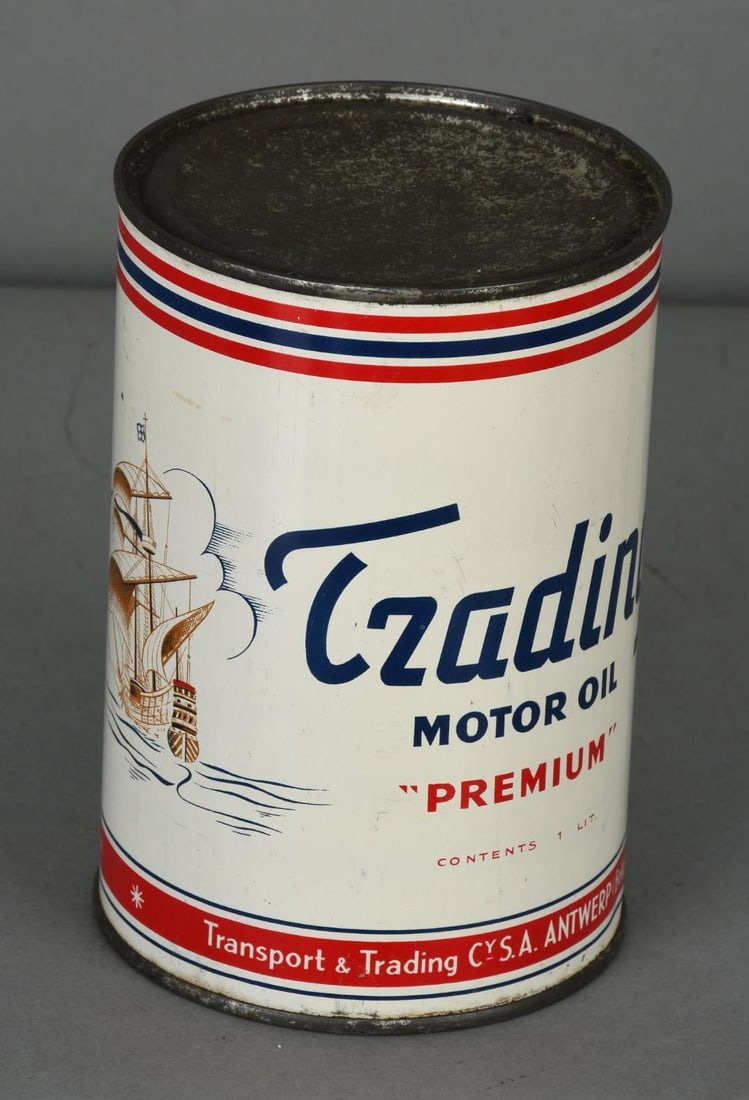 Trading "Premium" Motor Oil w/Ship Logo One Quart Round Metal Can: rated 8, the one quart round metal can has good color, has soldered seam, is empty, has light wear and scuffs.