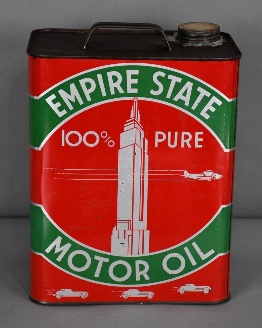 Empire State Motor Oil w/Images Two-Gallon Metal Can: rated 8, the two-gallon rectangle metal can has light wear and fine scratches, is empty.