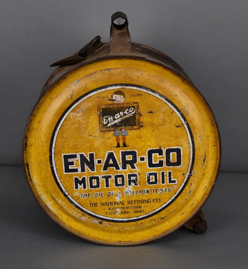 En-Ar-Co Motor Oil Five Gallon Rocker Can: rated 6.25, the five gallon rocker can has wear, scratches and staining.
