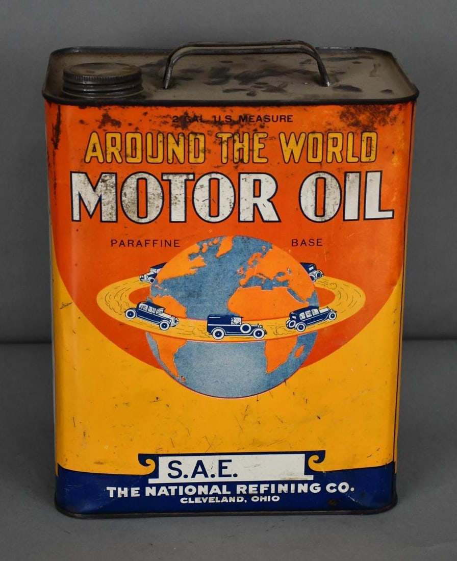 Around the World Motor Oil w/Logo Two-Gallon Metal Can: rated 7, the two-gallon rectangle metal can has wear, fine scratches and dings, is empty.