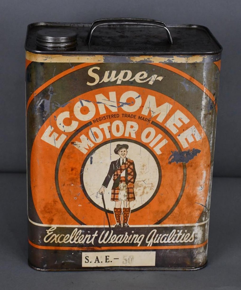 Super Economee Motor Oil w/Logo Two-Gallon Metal Can: rated 6, the two-gallon rectangle metal can has heavy wear, scratches and staining, is empty.