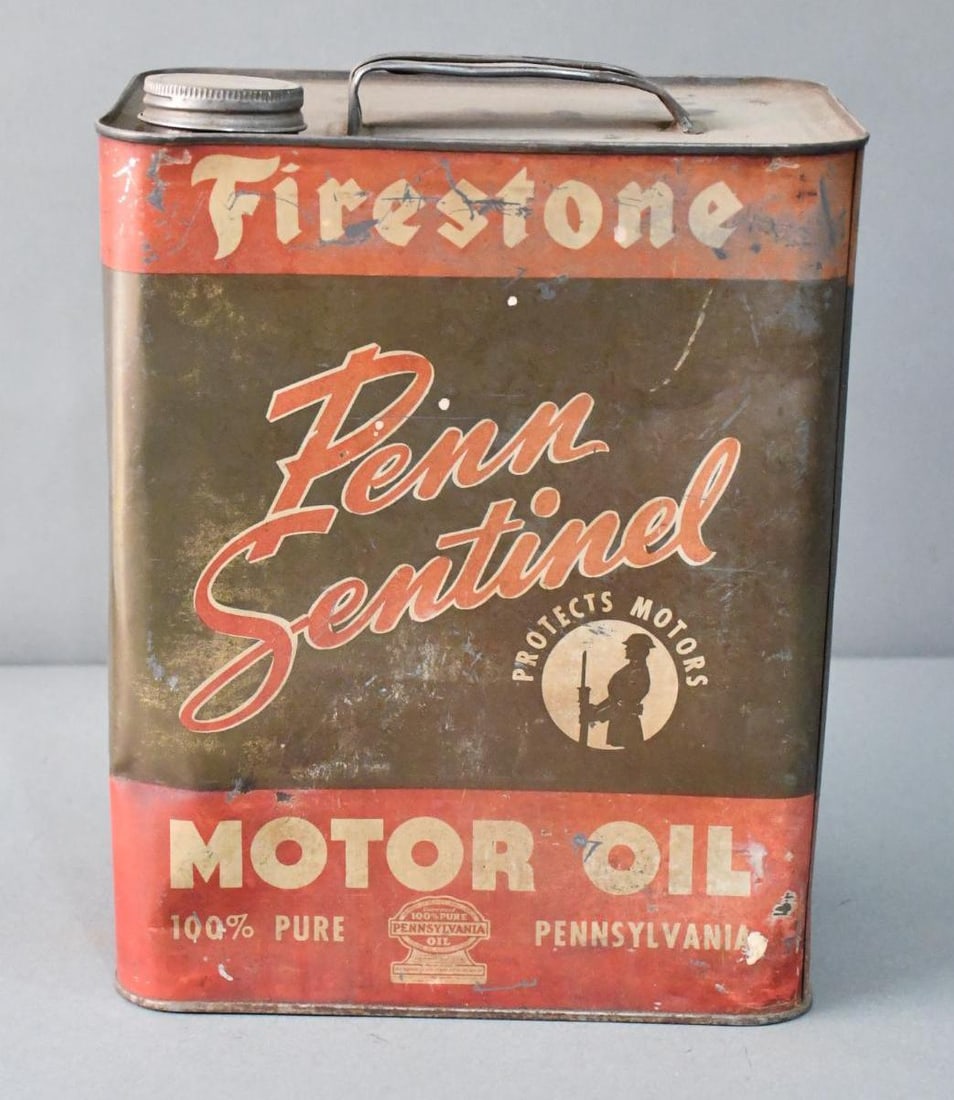 Firestone Penn Sentinel Motor Two-Gallon Metal Can: rated 6.25, the two-gallon rectangle metal can has heavy wear, scratches and scuffs, is empty.