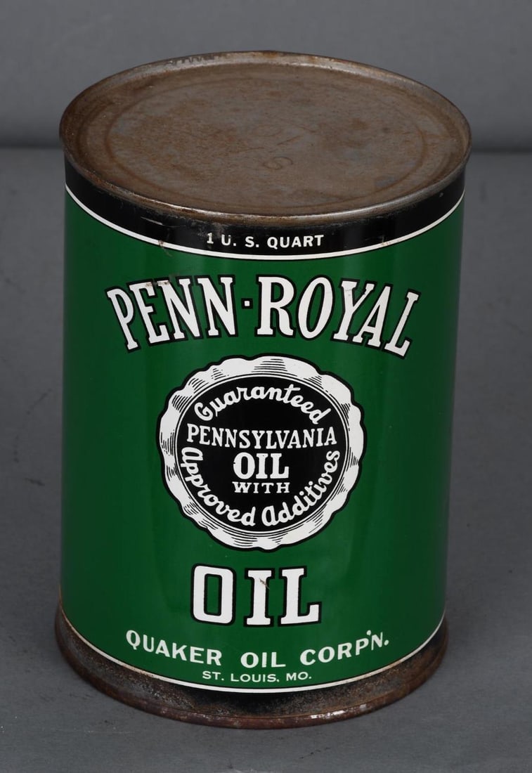 Penn-Royal Motor Oil One Quart Round Metal Can: rated 8.5, the one quart round metal can, has a crimped seam, is empty, has not been opened, top and bottom look original, has rust around the bottom.