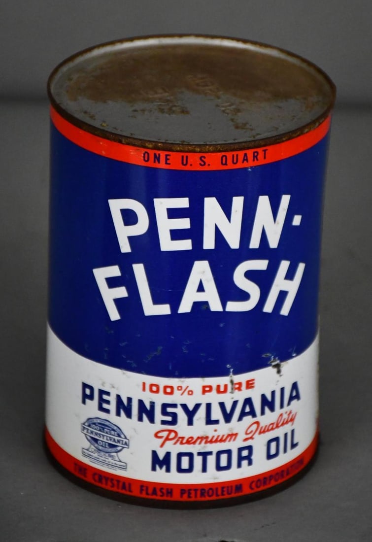 Penn-Flash Motor One Quart Round Metal Can: rated 8, the one quart round metal can, has good color, has crimped seam, is full, has wear and scuffs.