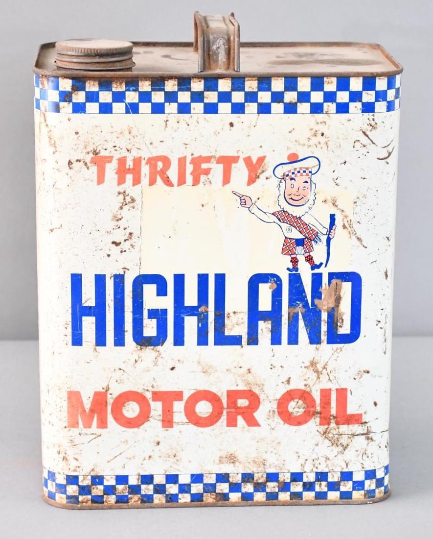 Thrifty Highland Motor Oil w/Small Logo Two-Gallon Metal Can: rated 6.5, the two-gallon rectangle metal can has wear, scratches and rust spots, is empty.