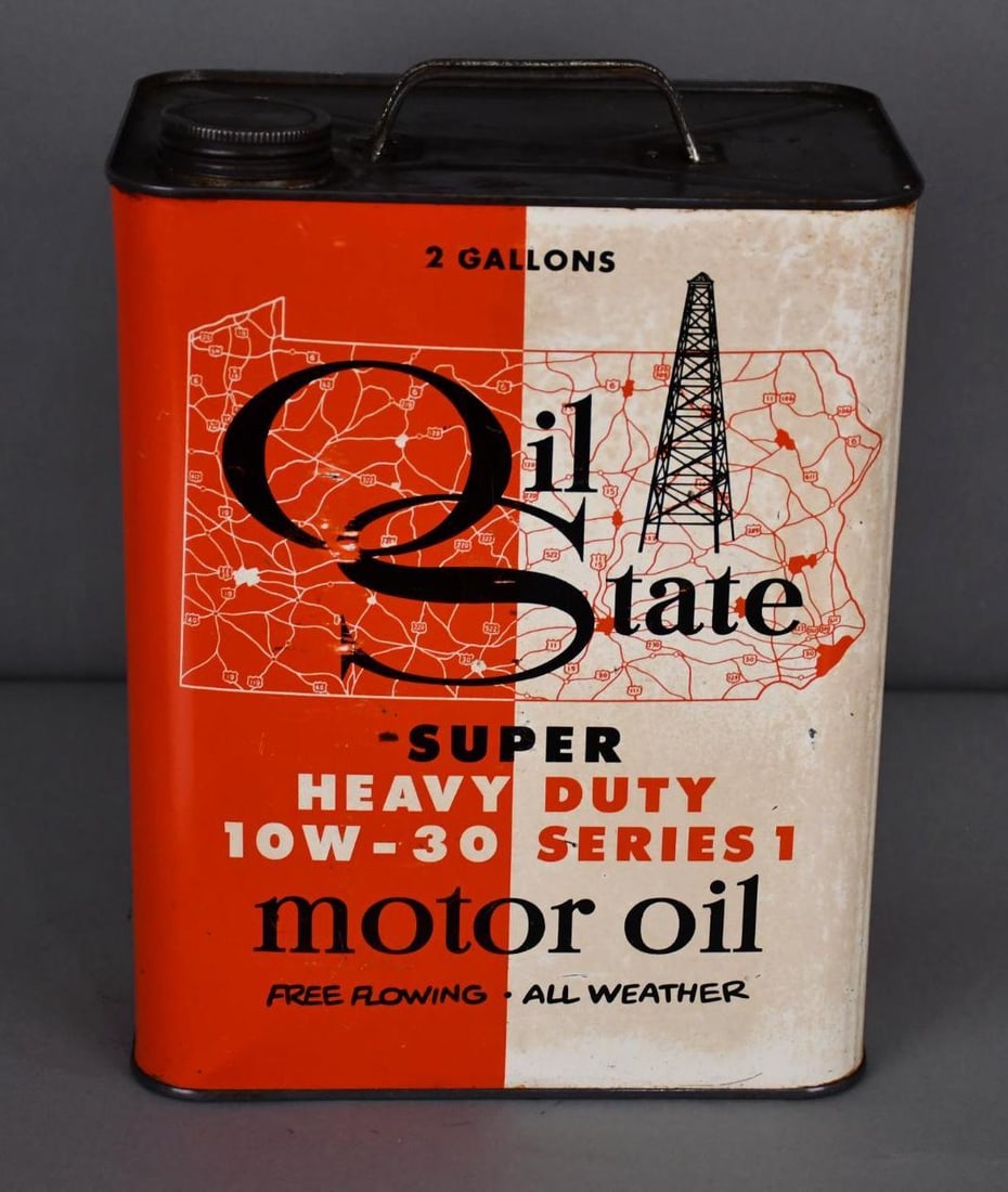 Oil State Super Heavy Duty 10W30 Motor Oil w/PA State Outline Two-Gallon Metal Can: rated 7.5 & 7, the two-gallon rectangle metal can has light wear, a few fine scratches and staining, reverse has more, is empty.