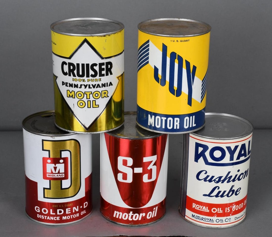 5-One Quart Motor Oil Round Metal Cans, S-3, Cruiser, Joy, Royal & Midland (1 of 3)