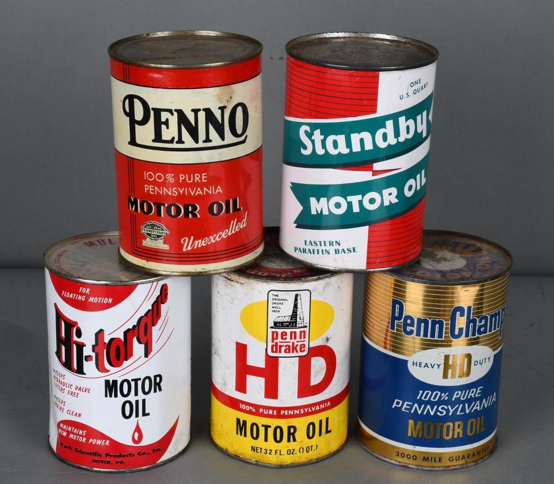 5-One Quart Motor Oil Round Metal Cans, Penn Drake, Penn Champ, Penno, Standby & Hi-Torque (1 of 3)